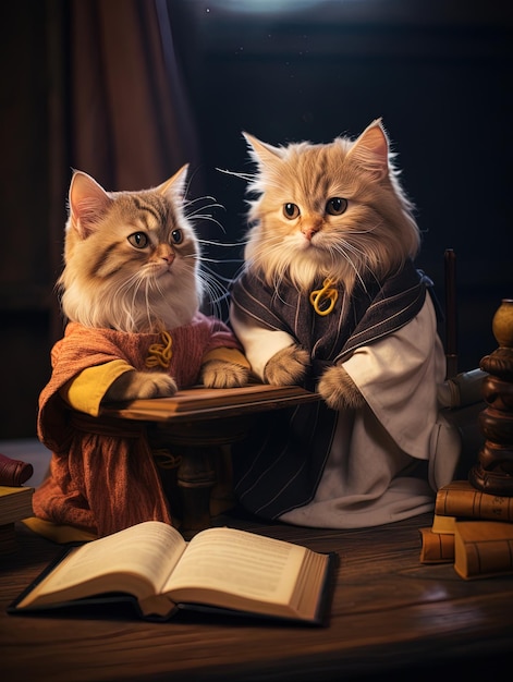 two cats are sitting on a table and one of them is wearing a cape