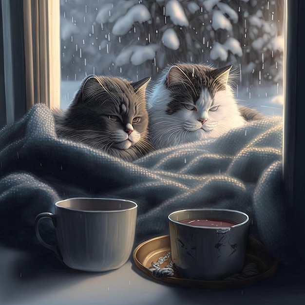 Two cats are sitting on a window sill with a blanket that says " tea ".