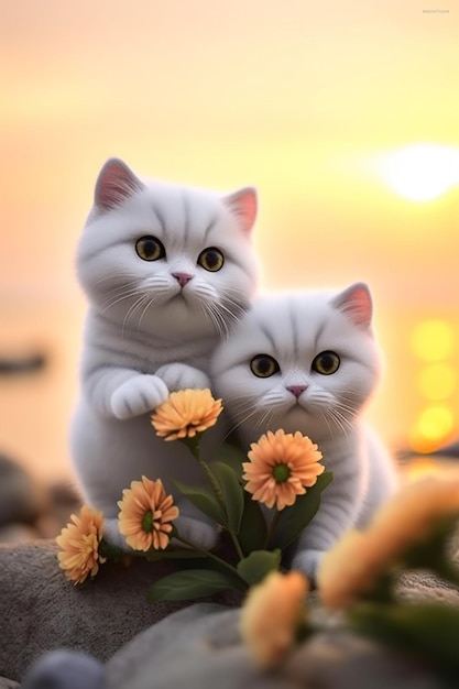 Two cats on a beach with flowers