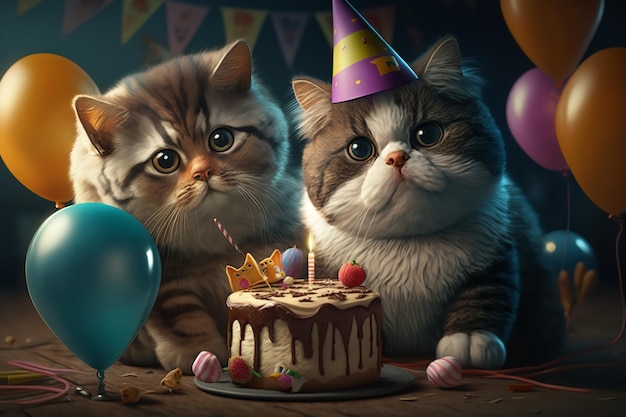 Two cats celebrating a birthday with a cake and a birthday hat.