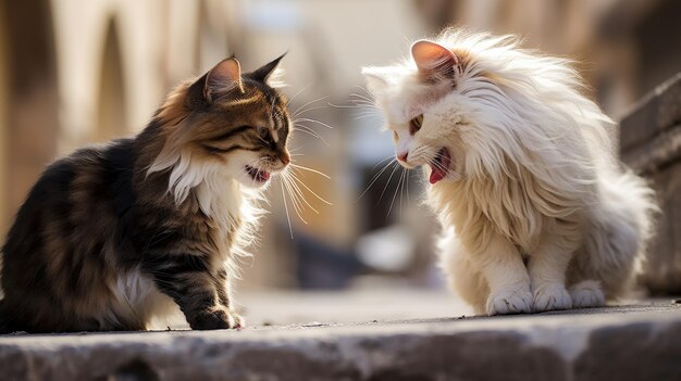 2匹の猫が自信をもって街の歩道に立って好奇心をもって周囲を見ています