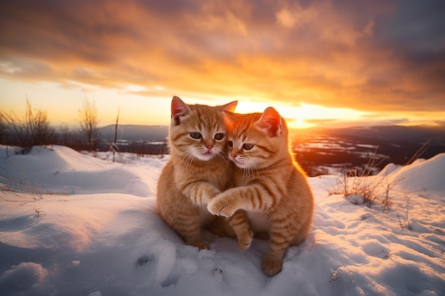 Two cats cuddling in the snow