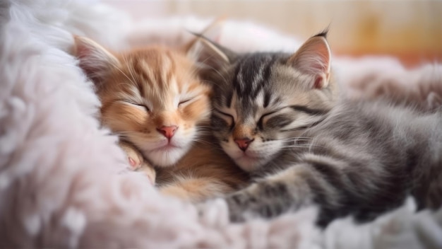 Две кошки обнимаются на розовом одеяле.