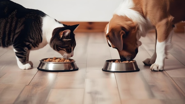 Two cats eating food from a bowl