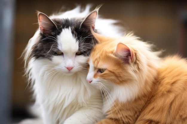 Two cats grooming each other