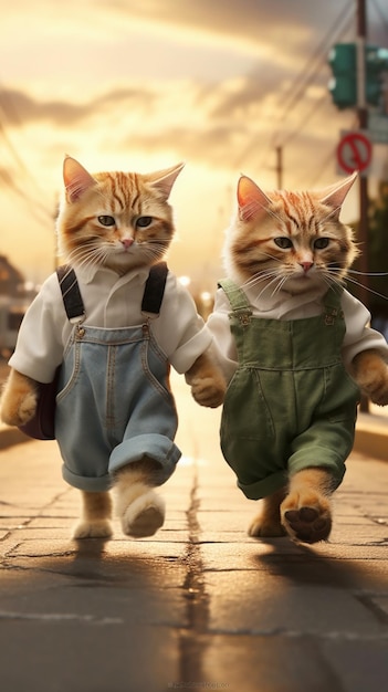 Two cats holding hands wearing suspenders on the road