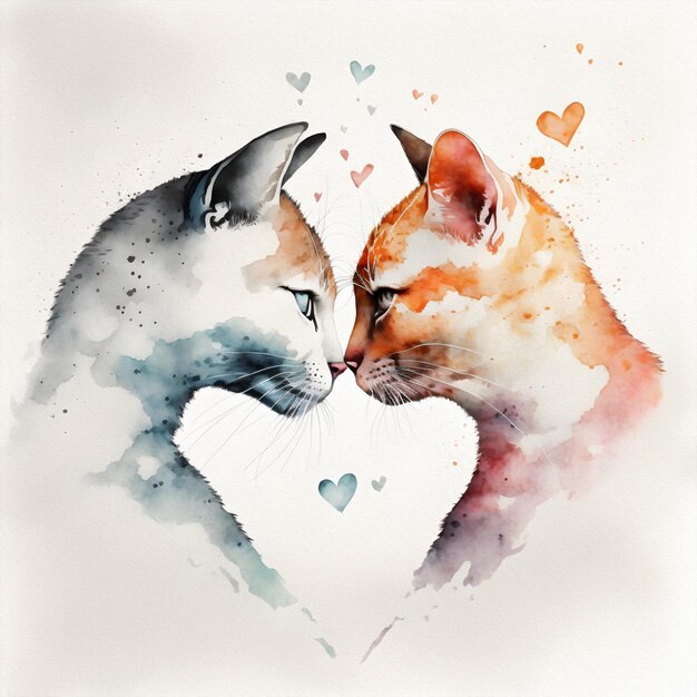 Two cats kissing in the shape of a heart Valentines Day and all lovers Watercolor illustration