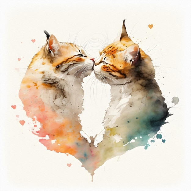 Two cats kissing in the shape of a heart Valentines Day and all lovers Watercolor illustration