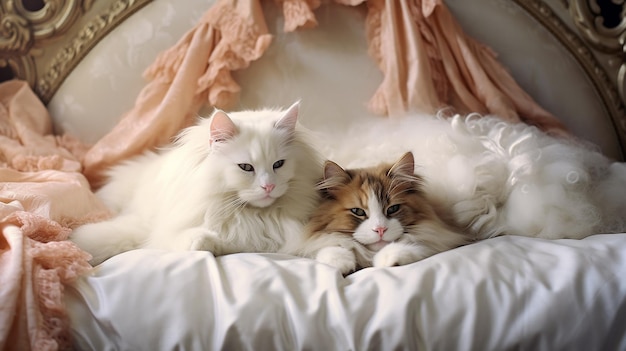 Two cats laying on a bed together