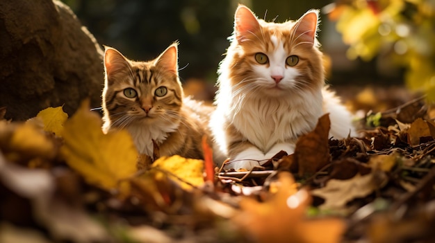 Two cats laying on the ground in the leaves