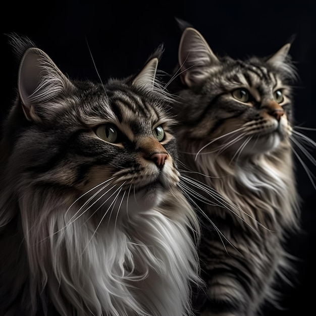 Two cats looking at the camera with a black background.