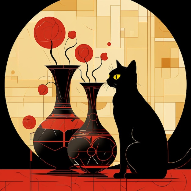 Photo two cats outside red vase style bol painting photography image ai generated art