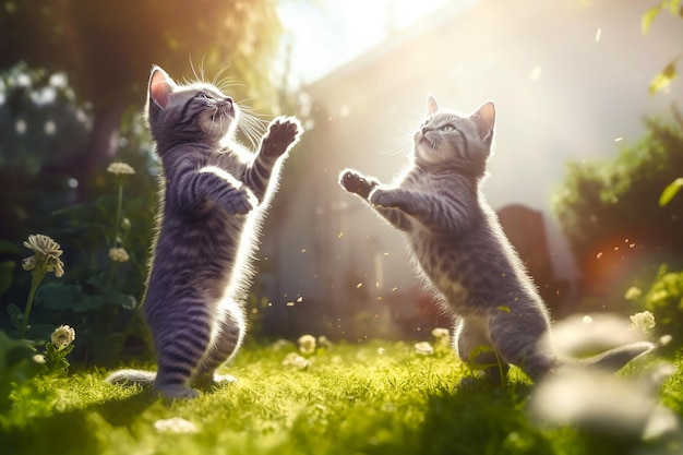 Two cats playing in the grass with the sun shining on them