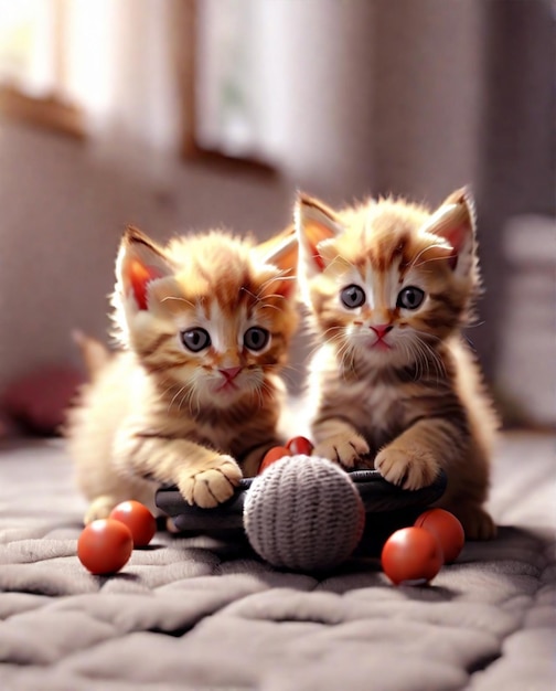 Photo two cats playing rain with an umbrella splashes with toy