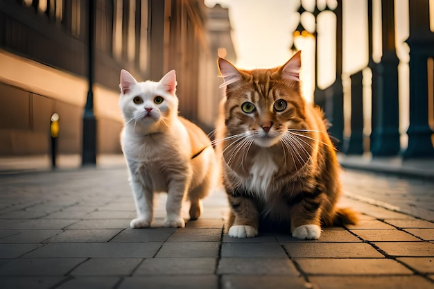 Two cats on the sidewalk looking at the camera