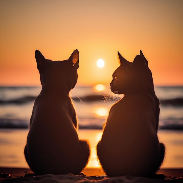 Foto due gatti si siedono sulla spiaggia e guardano il tramonto