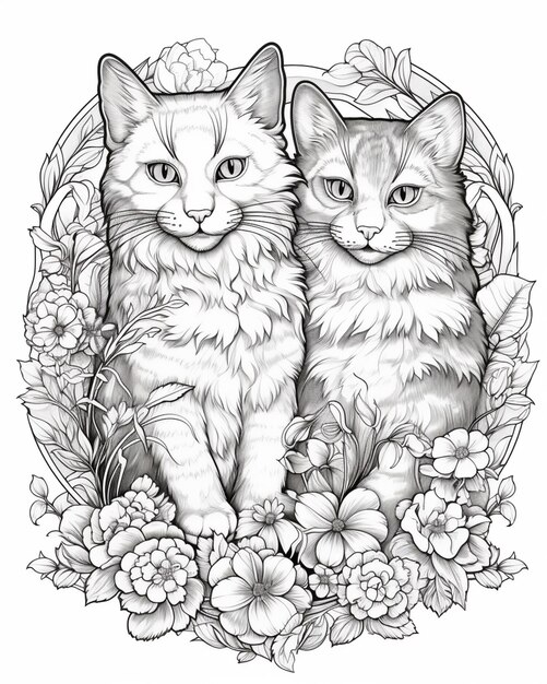 Photo two cats sitting in a flowered circle with flowers around them generative ai