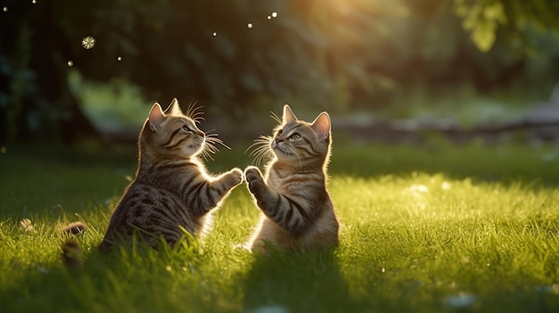 Two cats sitting in green grass outdoors