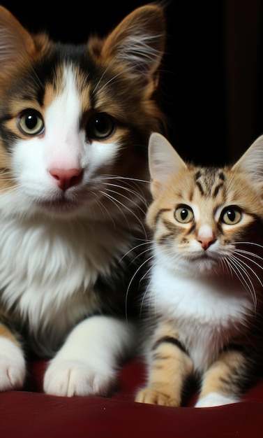 Foto due gatti seduti su un divano rosso ai