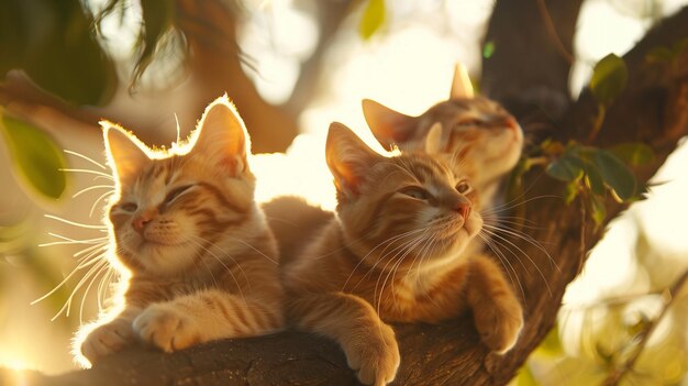 Two cats sitting on top of a tree branch