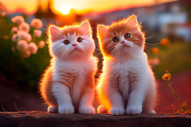 Two cats sitting on a wall with the sun setting behind them