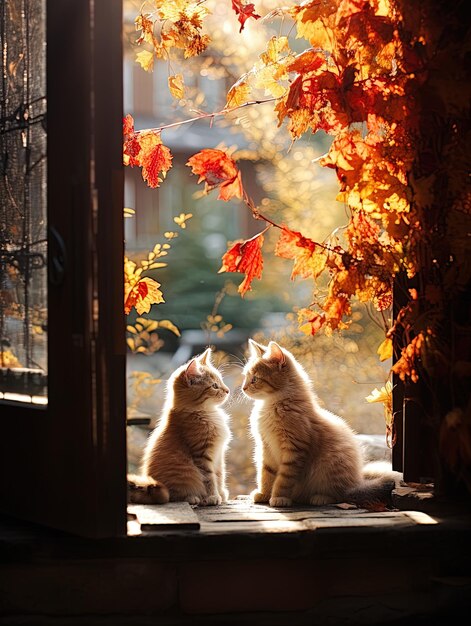 two cats sitting on a window sill looking out the window