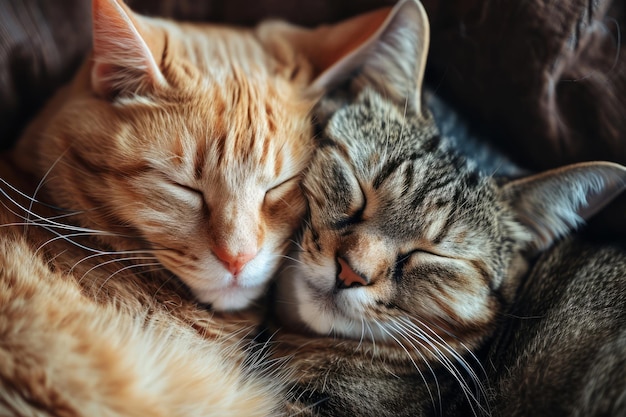 Две кошки, обнимающиеся вместе, два очаровательных котенка, спящие вместе вблизи.