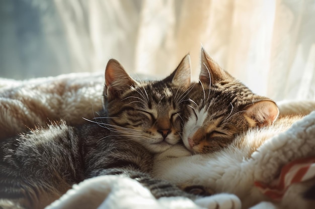 Две кошки, обнимающиеся вместе, два очаровательных котенка, спящих вместе, близко, генеративный ИИ.