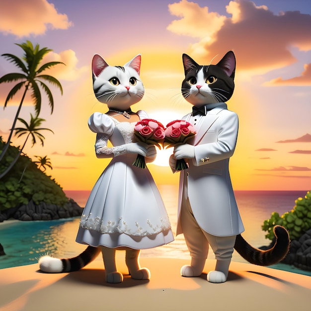 The two cats stood side by side on the sandy beach of the deserted island wearing elegant marriage