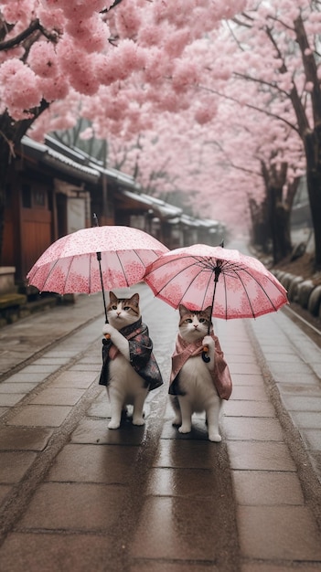 Two cats under an umbrella on a rainy day