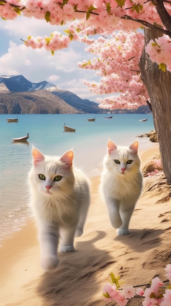 Two cats walking on the beach with a cherry tree in the background