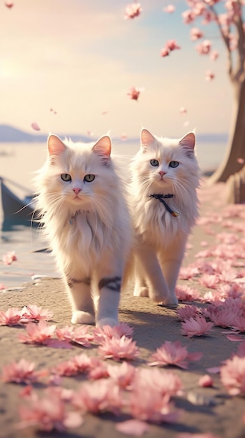 Two cats walking on a path with petals falling on them