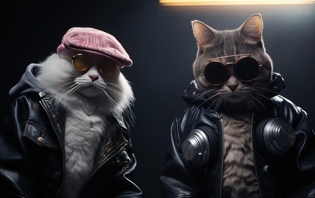 two cats wearing jackets and hats are sitting next to each other