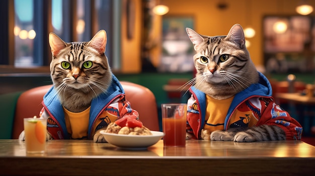 Two cats wearing matching outfits sit at a table with a glass of orange juice.