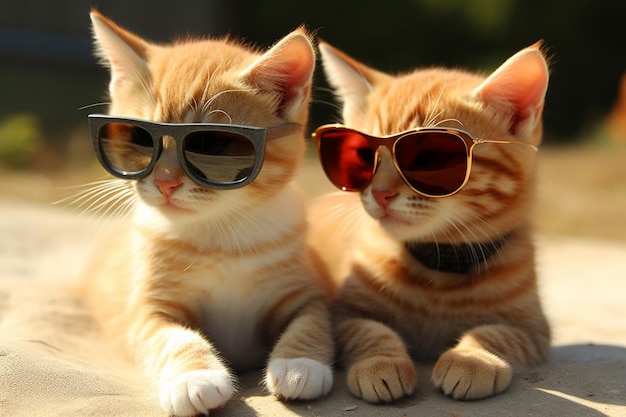 Two cats wearing sunglasses sit on a sunny day.