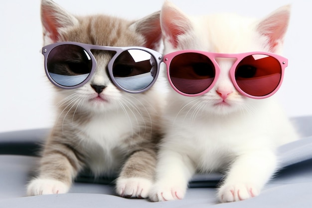 Two cats wearing sunglasses sit on a table.