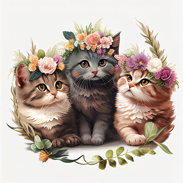 Two cats with flowers on their heads and one has a flower crown on it.