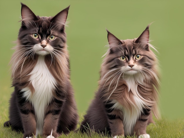 Two cats with long hair on the grass and on a green background