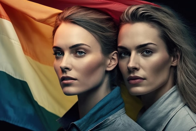 Photo two caucasian models posing with the gay pride rainbow flag in the background