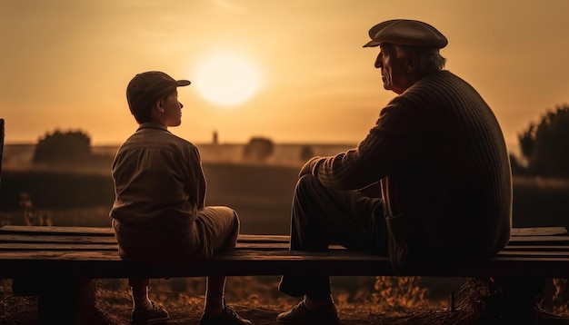 Two Caucasians sitting on bench during sunset generated by AI