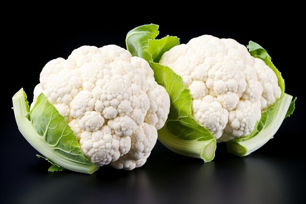 Photo two cauliflower heads on a black surface