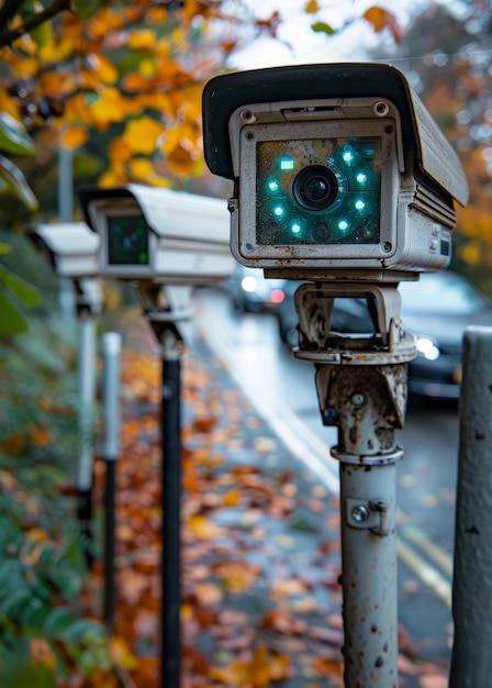 두 개의 CCTV 카메라가 기둥에 장착되어 있으며, 자동차가 배경에서 지나가고 있습니다.