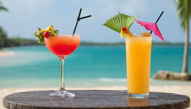 Two celebratory refreshing tropical cocktails served with small cocktail umbrellas on a tabletop