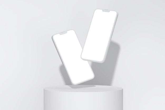 Two cell phones are on a pedestal with a white background.