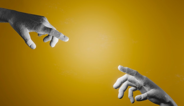 Two cement hands trying to touch each other with their fingers on a yellow background illuminated by the center. 3d render