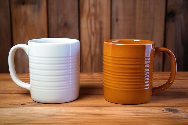 Photo two ceramic mugs side by side on a wooden desk