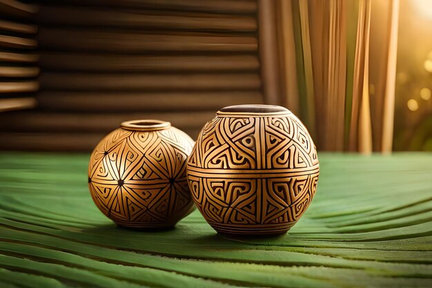 Foto due vasi in ceramica su un tappetino verde con un disegno sul fondo.