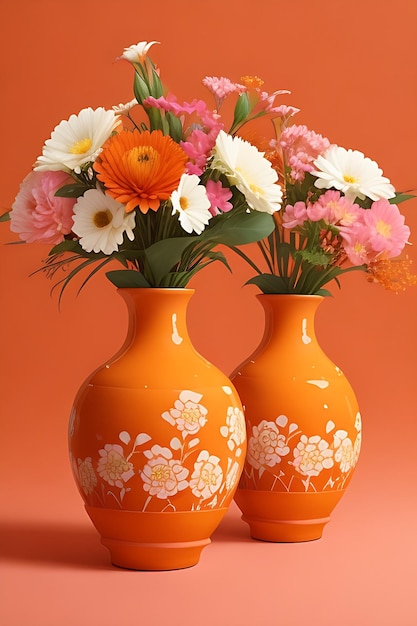 Two ceramic vases with flowers on an orange background