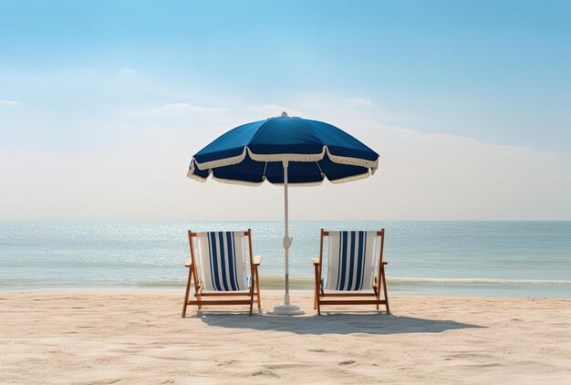 Photo two chairs are sitting on the beach the water with a blue umbrella in the style of vacation dadcore