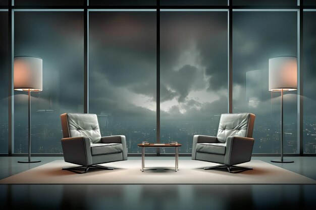 two chairs are sitting in front of a window with a cloudy sky in the background